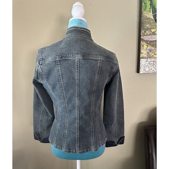 Tahari Jean Jacket S/P Embellished Sparkle Snap Close Medium Wash - Picture 6 of 16